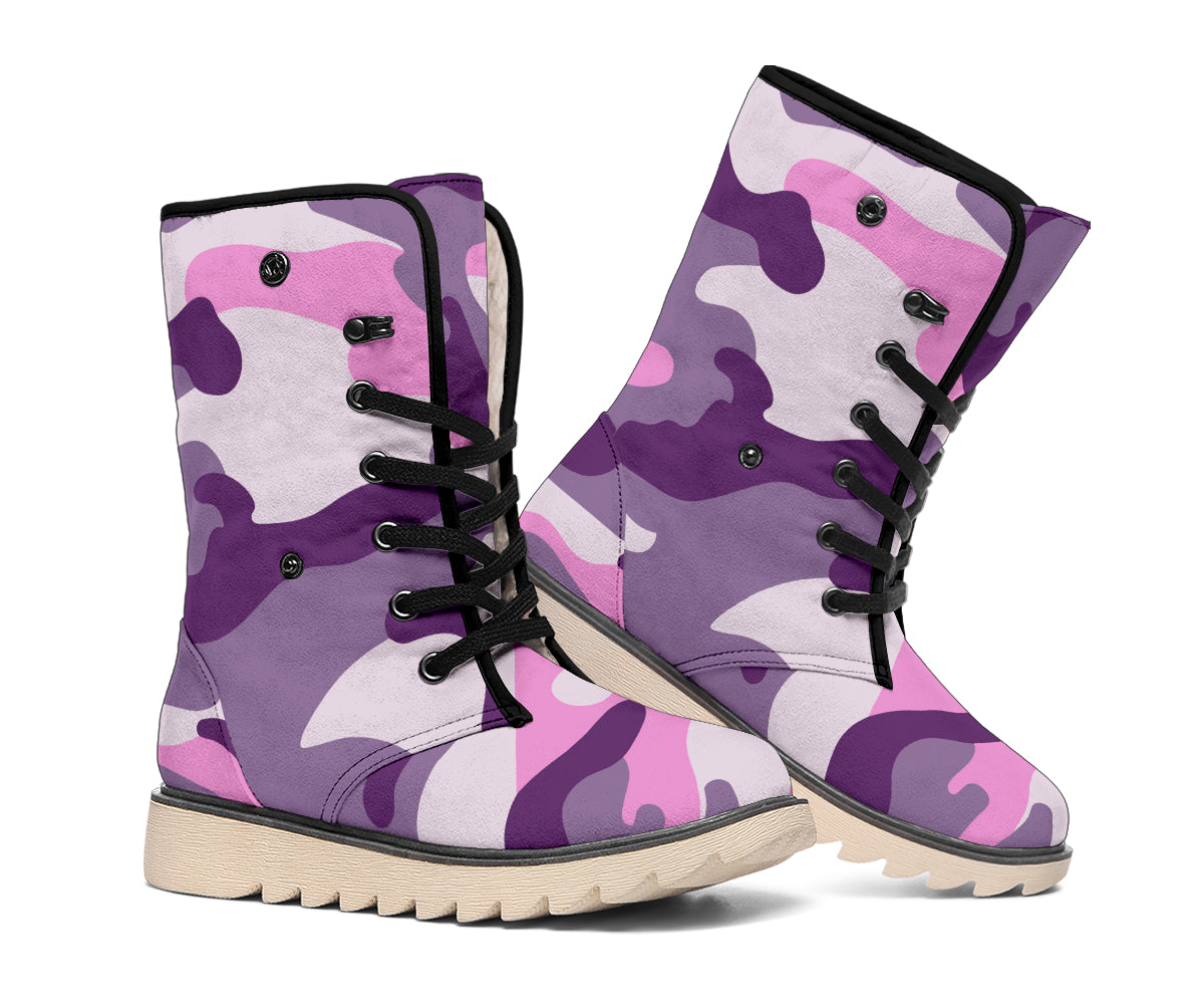 Pink Purple And Grey Camouflage Print Winter Boots