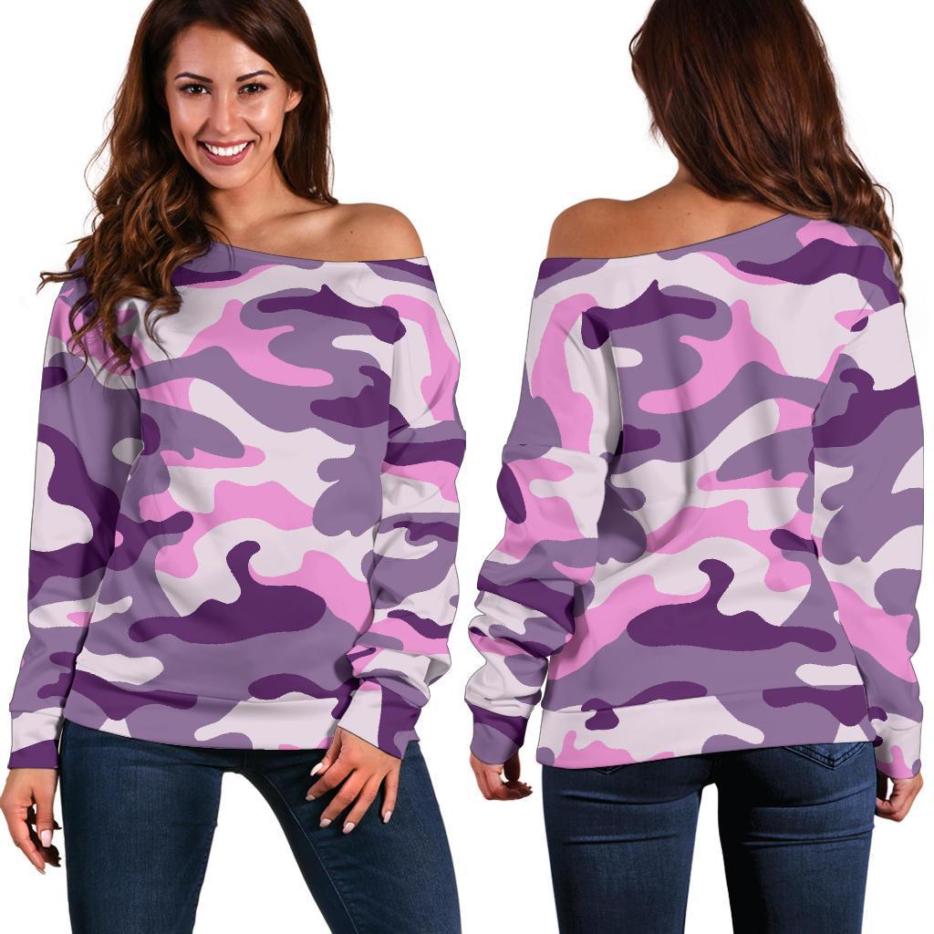 Pink Purple And Grey Camouflage Print Women's Off-Shoulder Sweatshirt