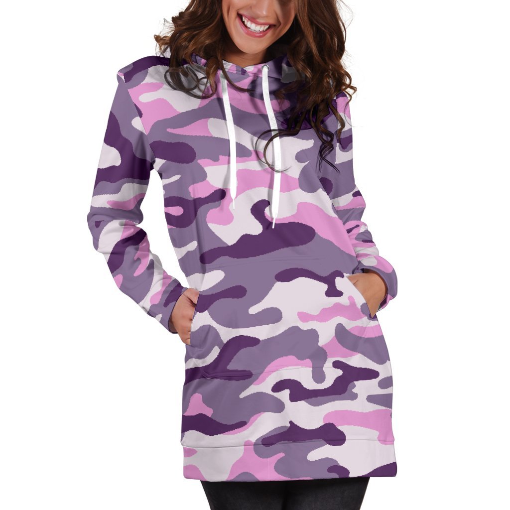 Pink Purple And Grey Camouflage Print Women's Pullover Hoodie Dress