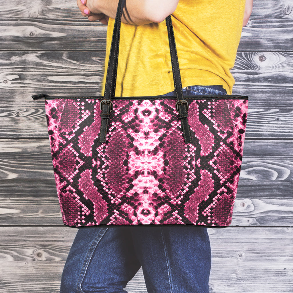 Pink Python Snakeskin Print Leather Tote Bag