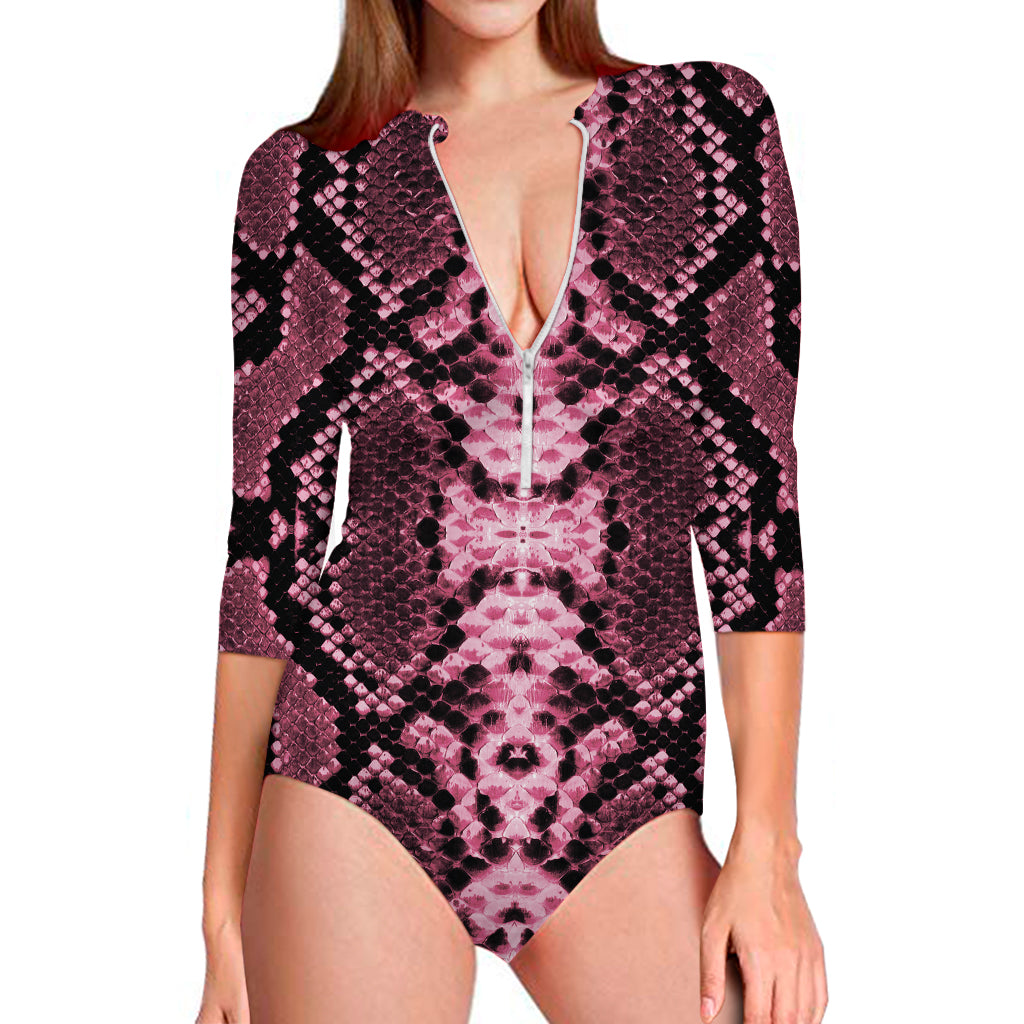 Pink Python Snakeskin Print Long Sleeve One Piece Swimsuit