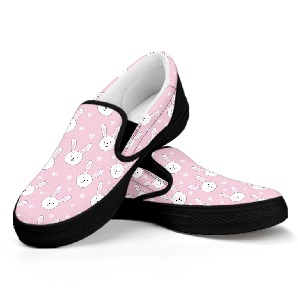 Pink Rabbit Pattern Print Black Slip On Shoes