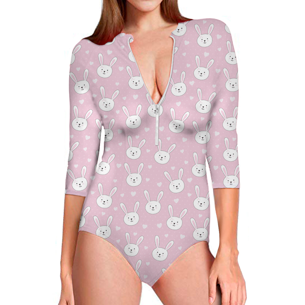 Pink Rabbit Pattern Print Long Sleeve One Piece Swimsuit