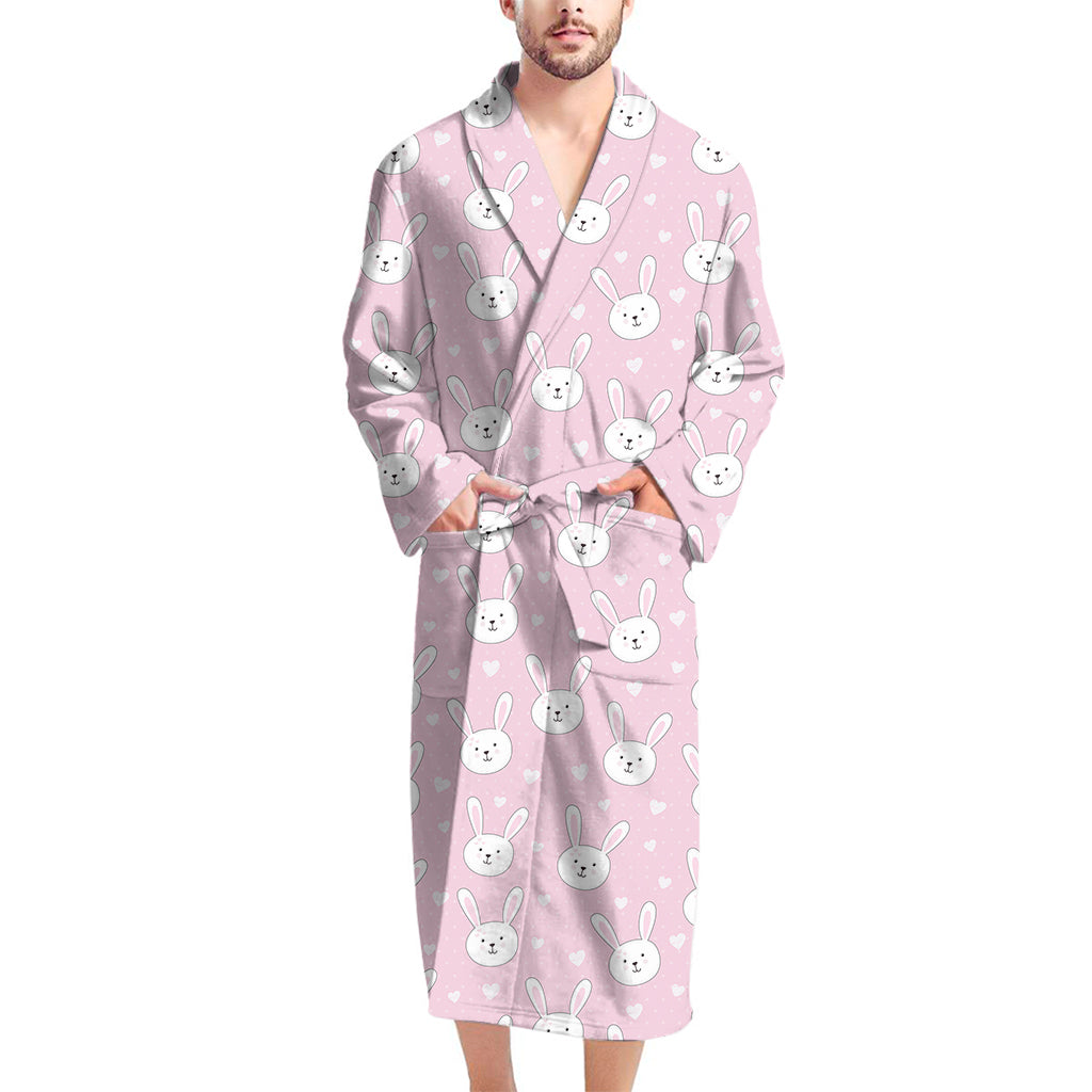 Pink Rabbit Pattern Print Men's Bathrobe