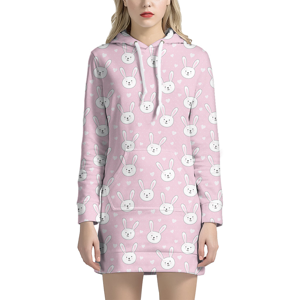 Pink Rabbit Pattern Print Women's Pullover Hoodie Dress