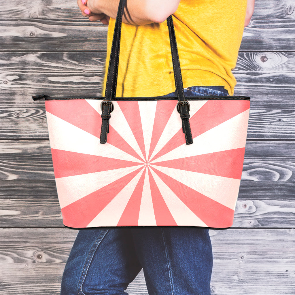 Pink Radial Rays Print Leather Tote Bag