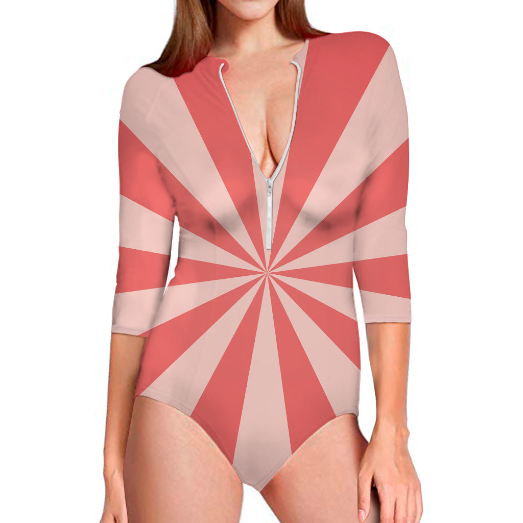 Pink Radial Rays Print Long Sleeve One Piece Swimsuit