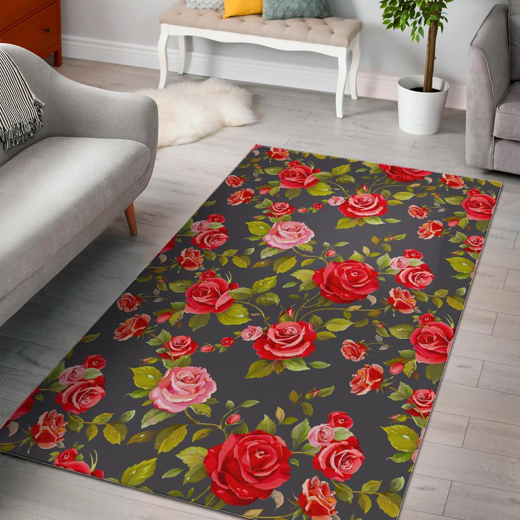 Pink Red Rose Floral Pattern Print Area Rug