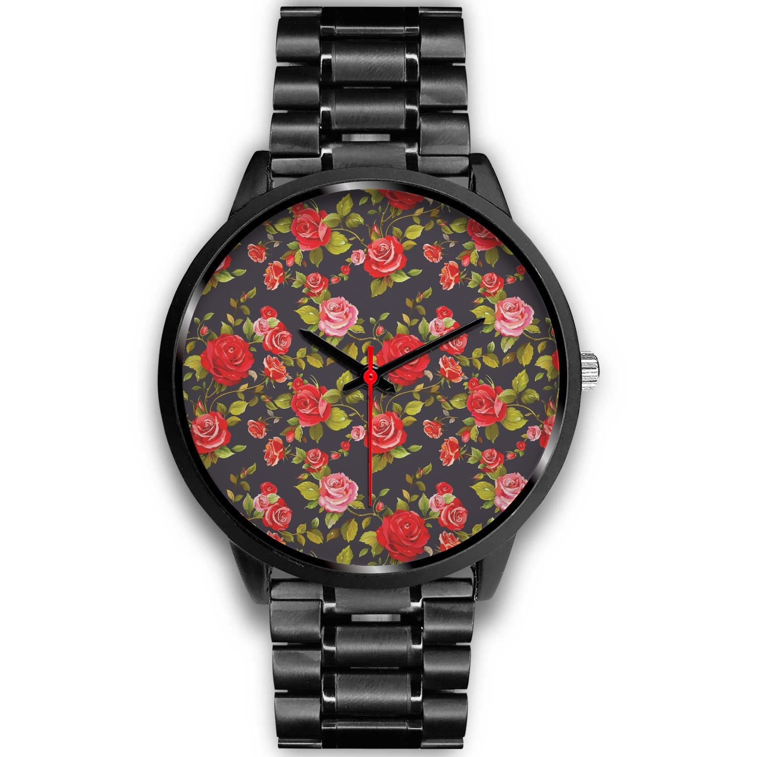 Pink Red Rose Floral Pattern Print Black Watch