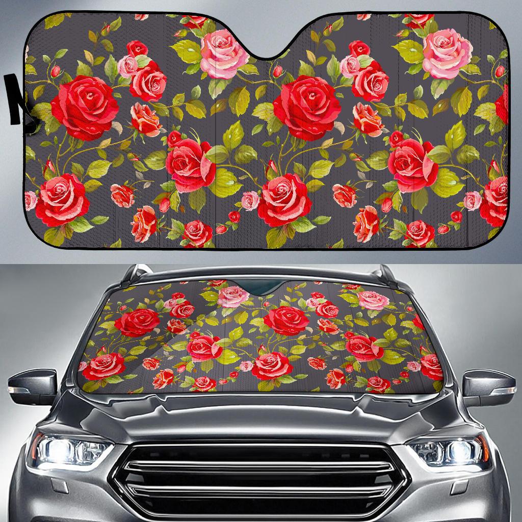 Pink Red Rose Floral Pattern Print Car Sun Shade