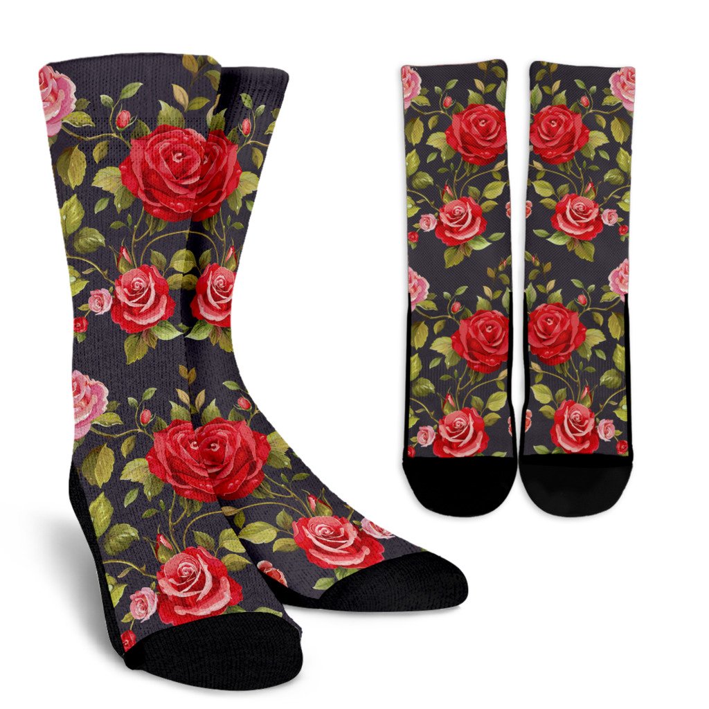 Pink Red Rose Floral Pattern Print Crew Socks