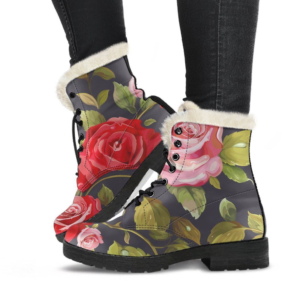 Pink Red Rose Floral Pattern Print Faux Fur Leather Boots