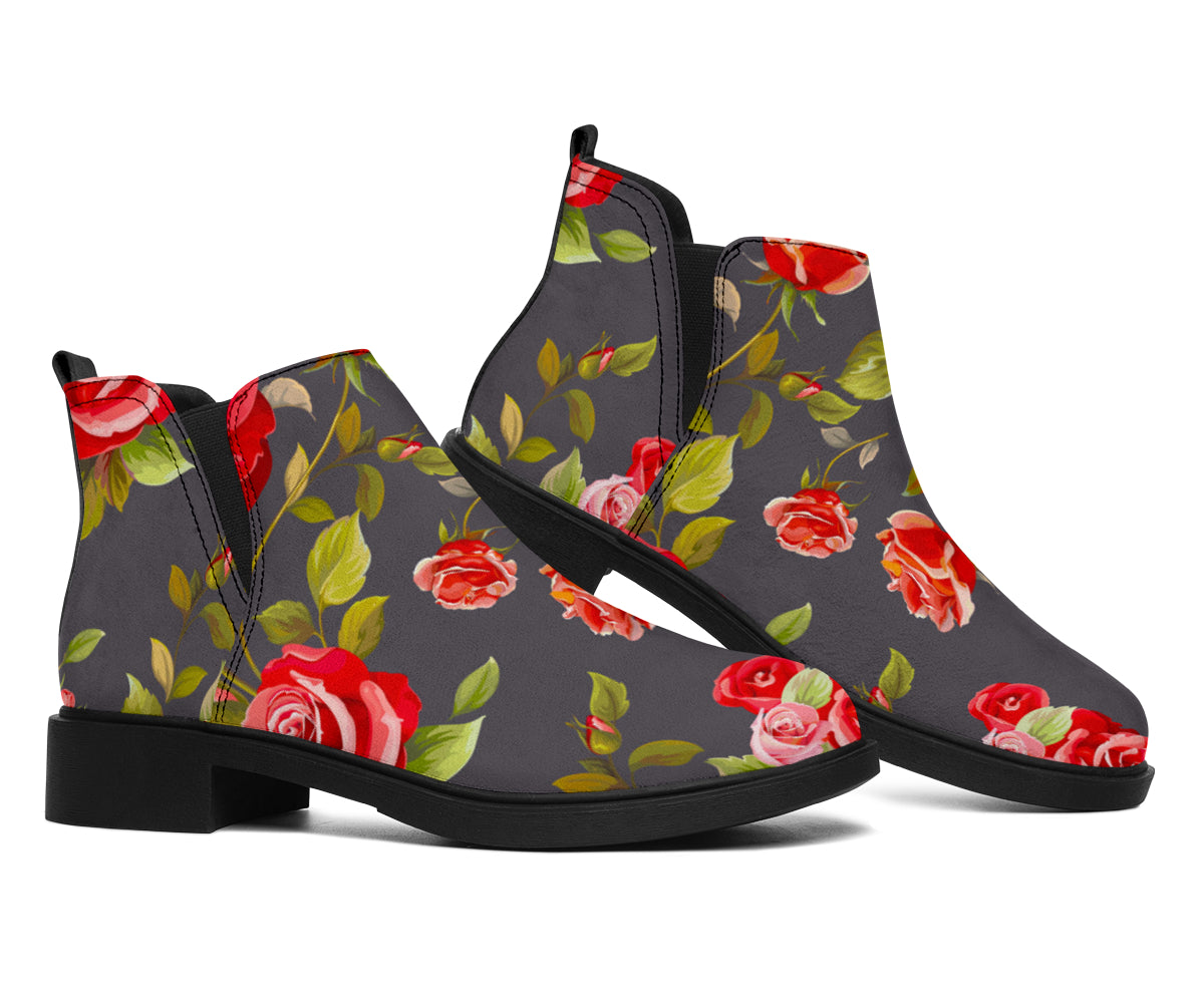 Pink Red Rose Floral Pattern Print Flat Ankle Boots