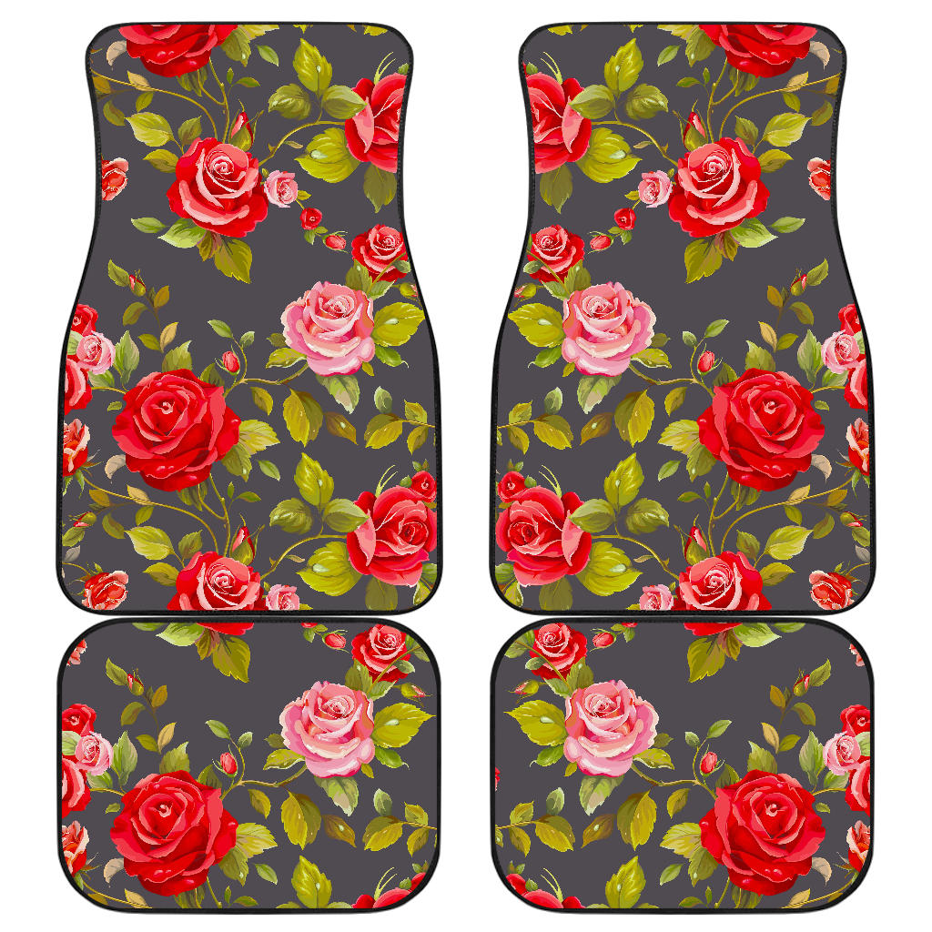 Pink Red Rose Floral Pattern Print Front and Back Car Floor Mats