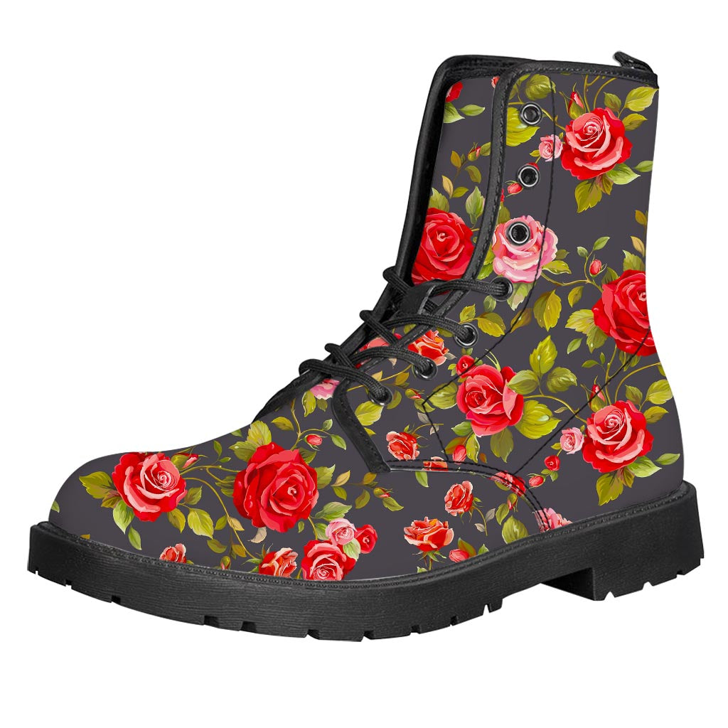 Pink Red Rose Floral Pattern Print Leather Boots