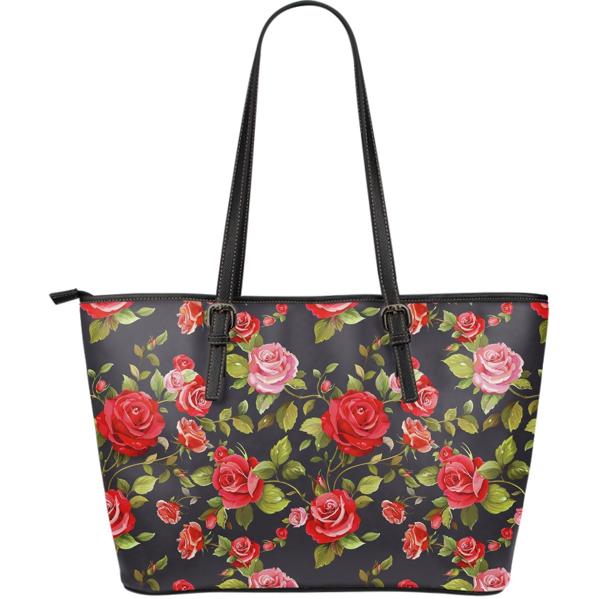 Pink Red Rose Floral Pattern Print Leather Tote Bag