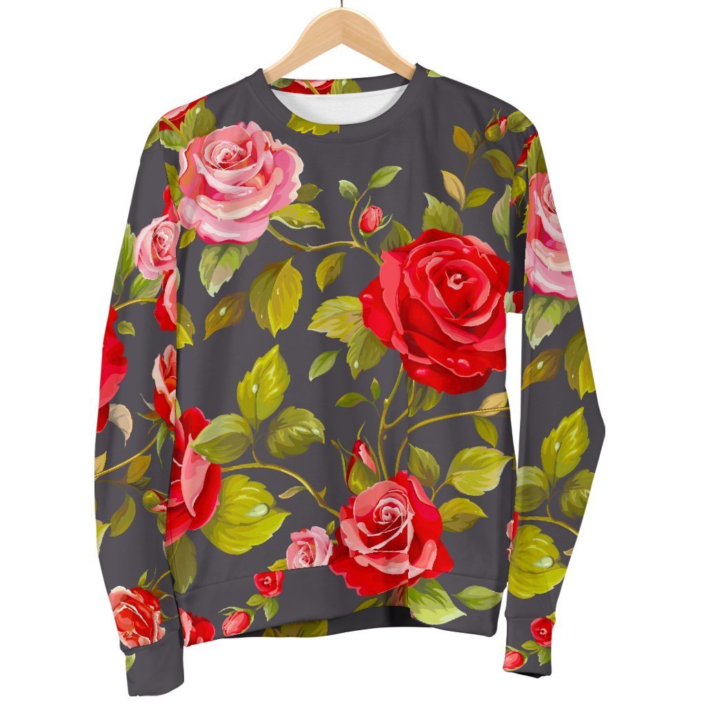 Pink Red Rose Floral Pattern Print Men's Crewneck Sweatshirt