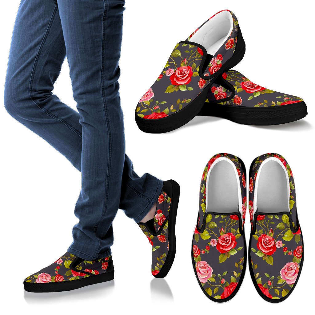 Pink Red Rose Floral Pattern Print Men's Slip On Shoes