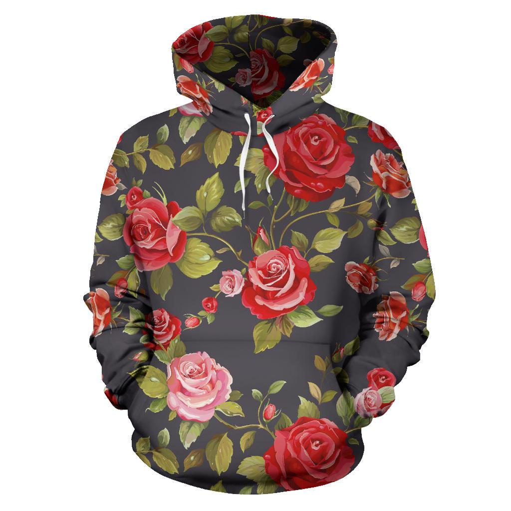 Pink Red Rose Floral Pattern Print Pullover Hoodie