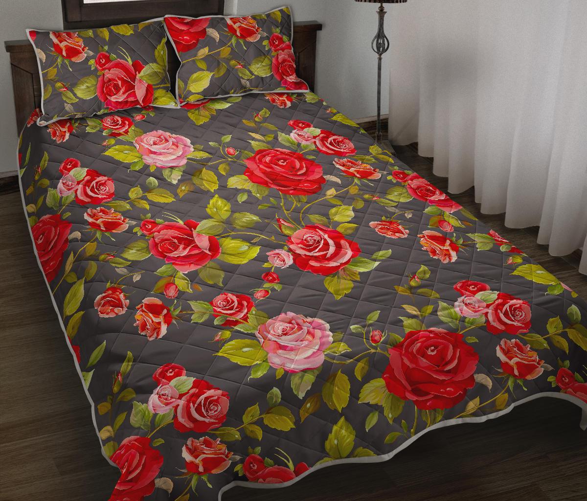 Pink Red Rose Floral Pattern Print Quilt Bed Set