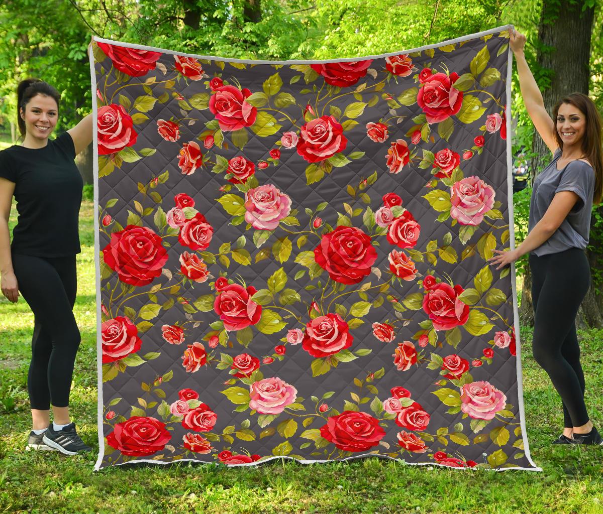 Pink Red Rose Floral Pattern Print Quilt