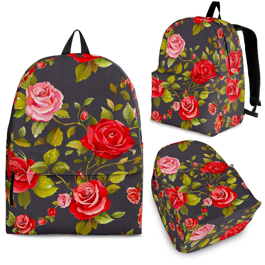 Pink Red Rose Floral Pattern Print School Backpack