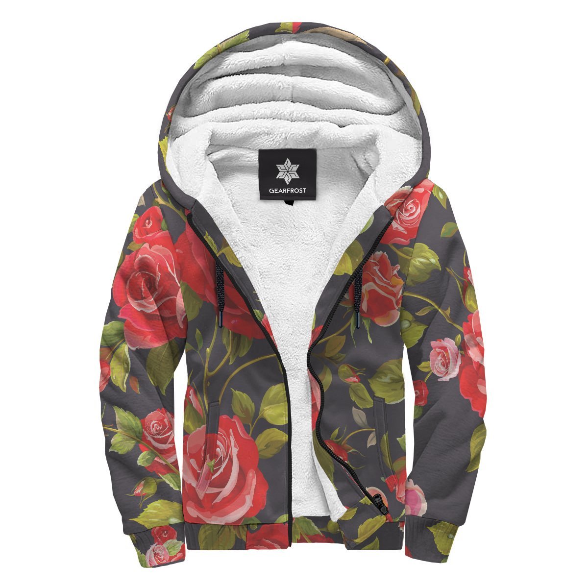 Pink Red Rose Floral Pattern Print Sherpa Lined Fleece Hoodie