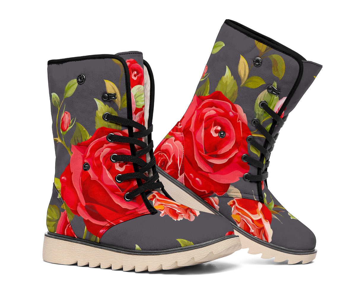 Pink Red Rose Floral Pattern Print Winter Boots