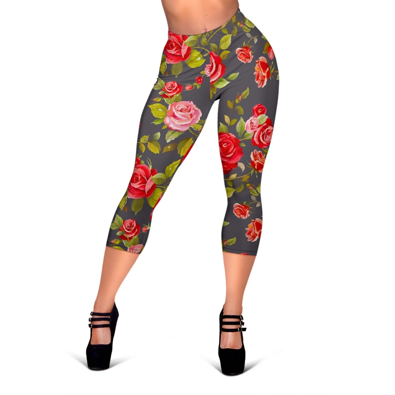 Pink Red Rose Floral Pattern Print Women's Capri Leggings