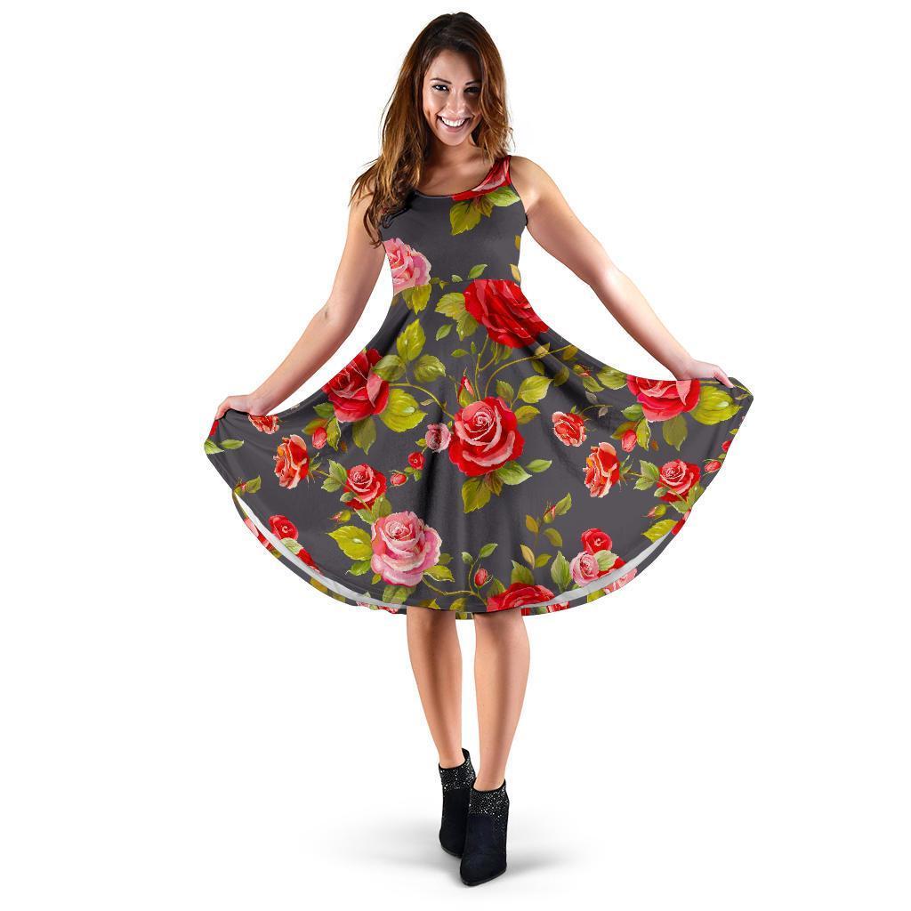 Pink Red Rose Floral Pattern Print Women's Dress