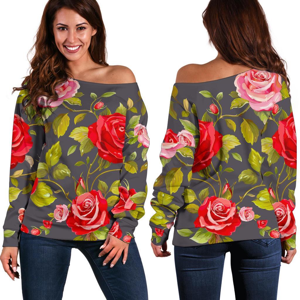 Pink Red Rose Floral Pattern Print Women's Off-Shoulder Sweatshirt