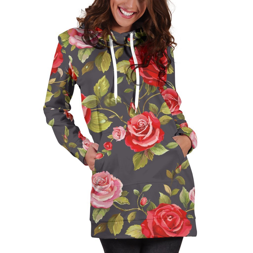 Pink Red Rose Floral Pattern Print Women's Pullover Hoodie Dress