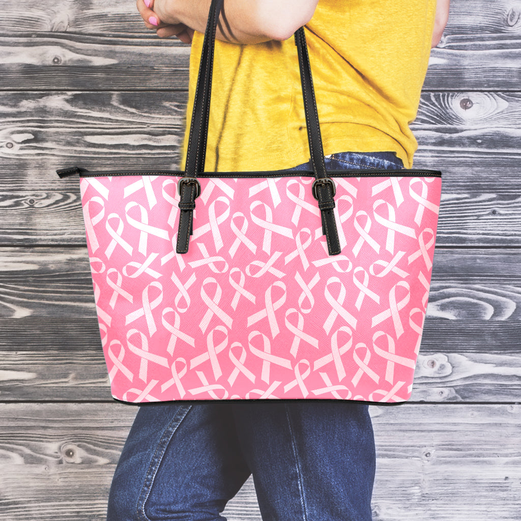 Pink Ribbon Breast Cancer Pattern Print Leather Tote Bag