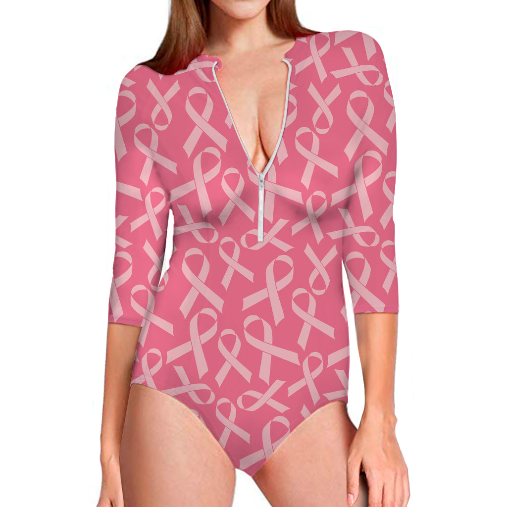 Pink Ribbon Breast Cancer Pattern Print Long Sleeve One Piece Swimsuit