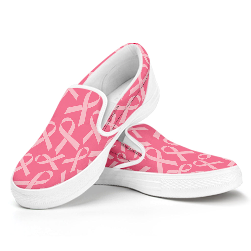 Pink Ribbon Breast Cancer Pattern Print White Slip On Shoes