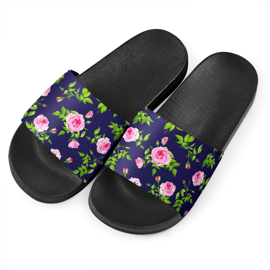 Pink Rose Floral Flower Pattern Print Black Slide Sandals