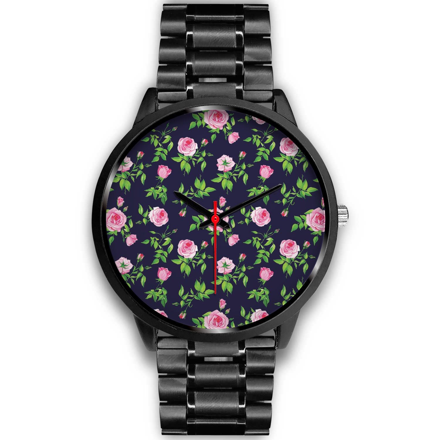 Pink Rose Floral Flower Pattern Print Black Watch