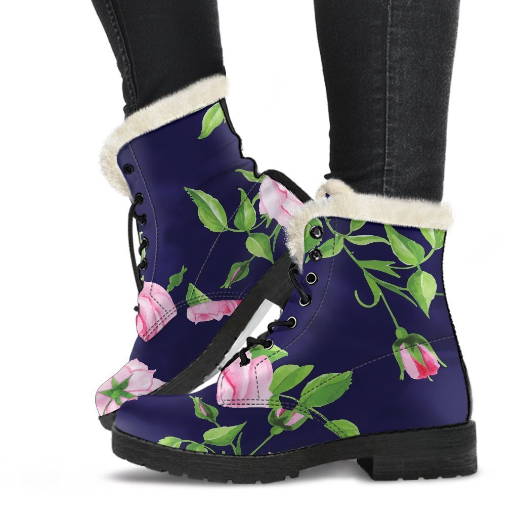 Pink Rose Floral Flower Pattern Print Faux Fur Leather Boots