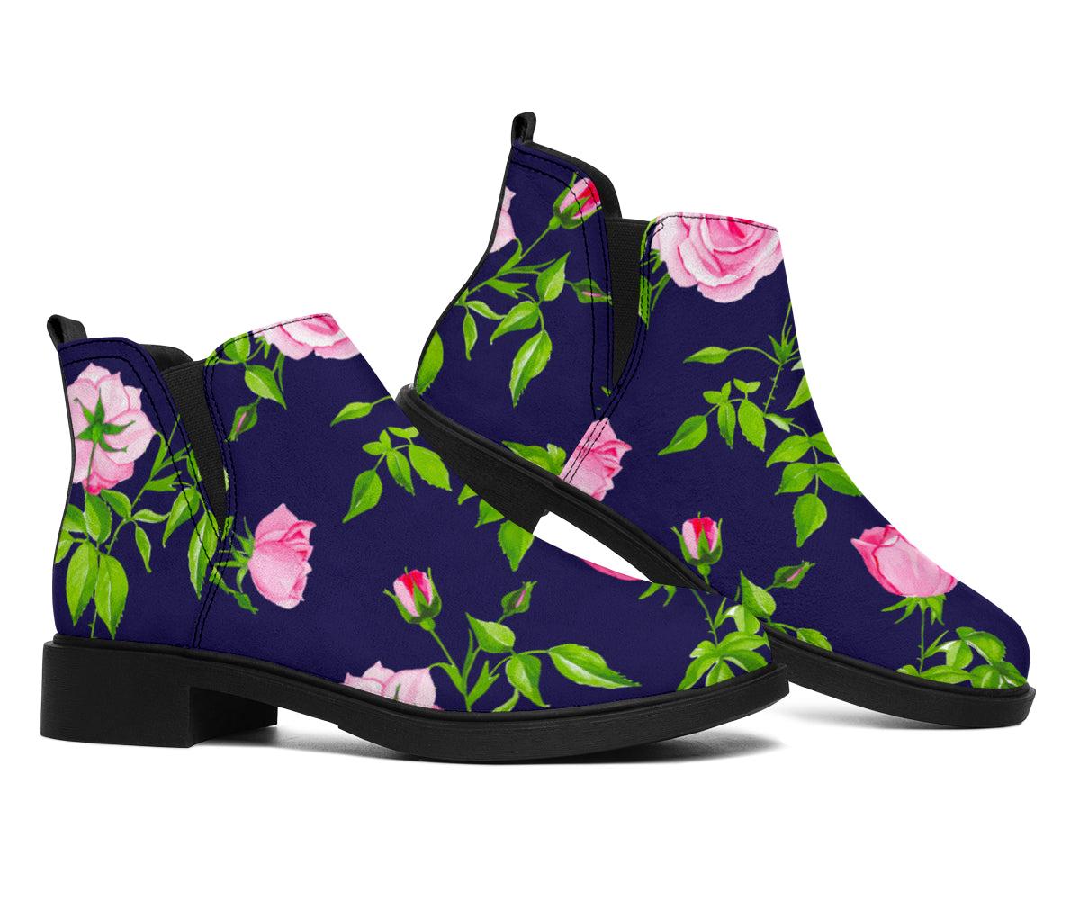 Pink Rose Floral Flower Pattern Print Flat Ankle Boots