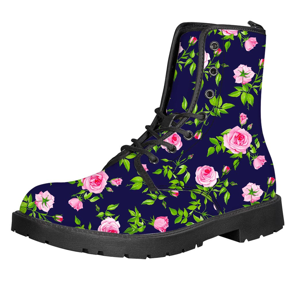 Pink Rose Floral Flower Pattern Print Leather Boots