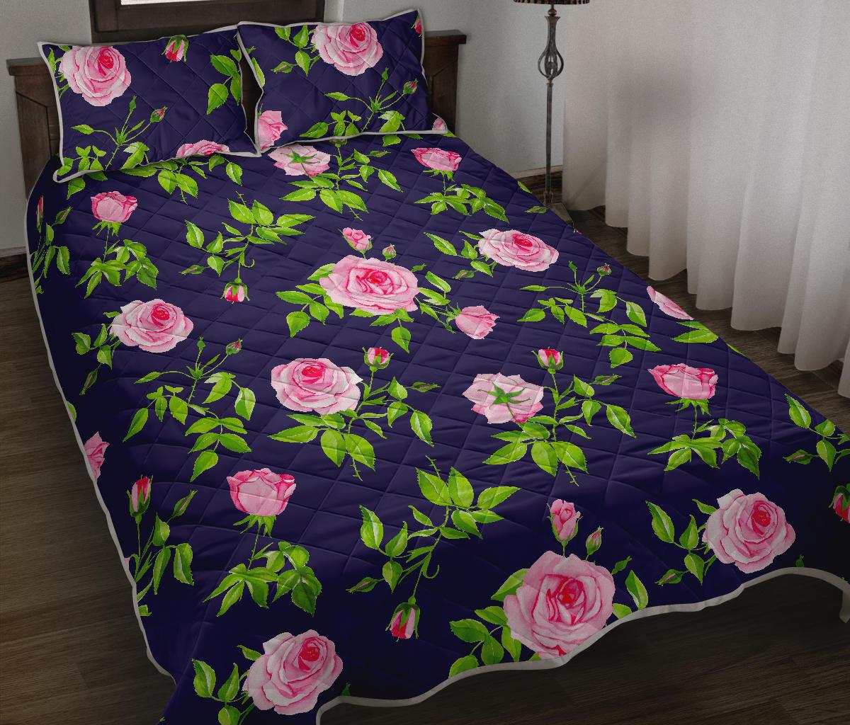 Pink Rose Floral Flower Pattern Print Quilt Bed Set