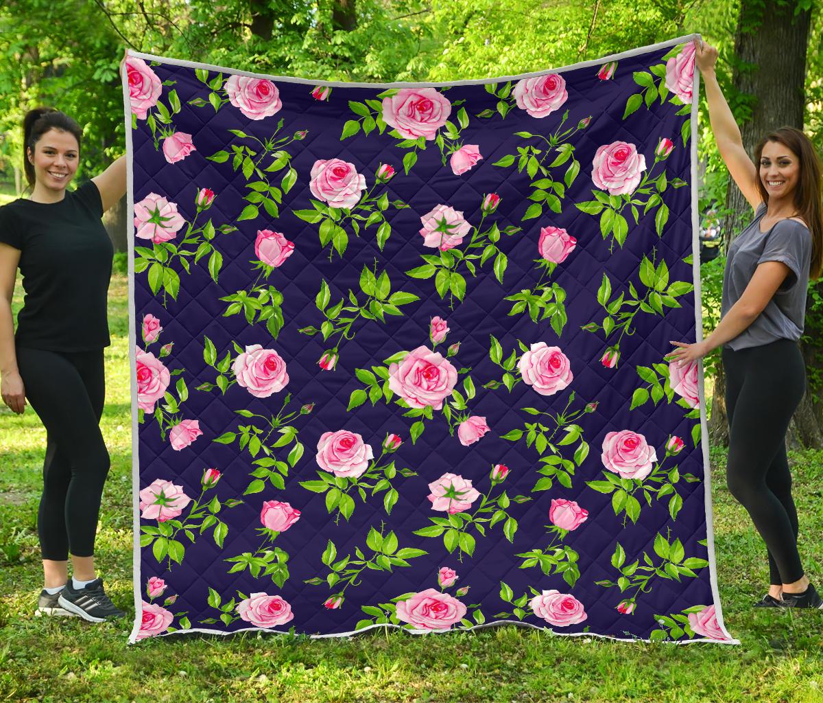 Pink Rose Floral Flower Pattern Print Quilt