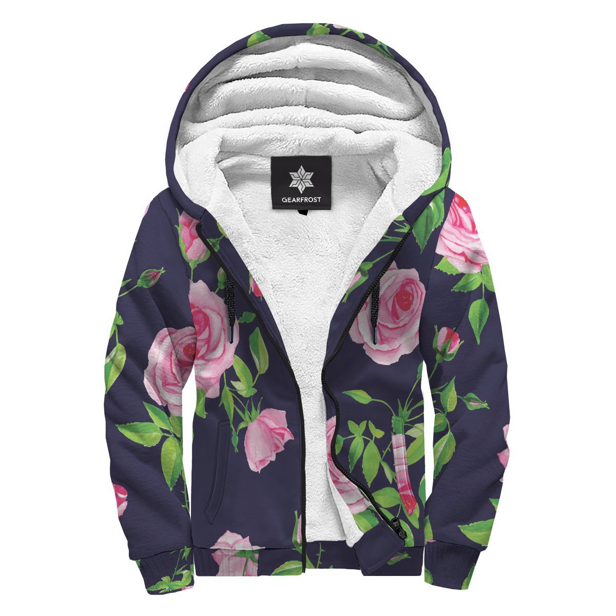 Pink Rose Floral Flower Pattern Print Sherpa Lined Fleece Hoodie