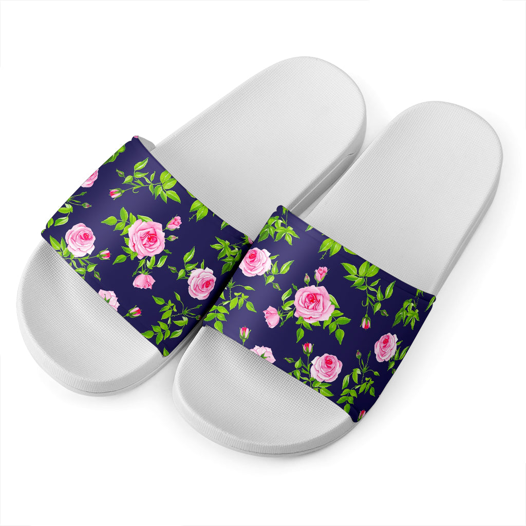 Pink Rose Floral Flower Pattern Print White Slide Sandals