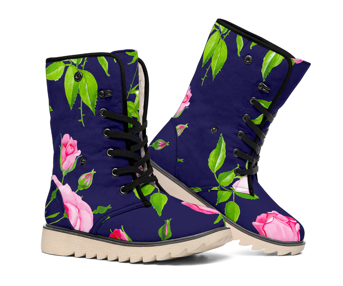 Pink Rose Floral Flower Pattern Print Winter Boots