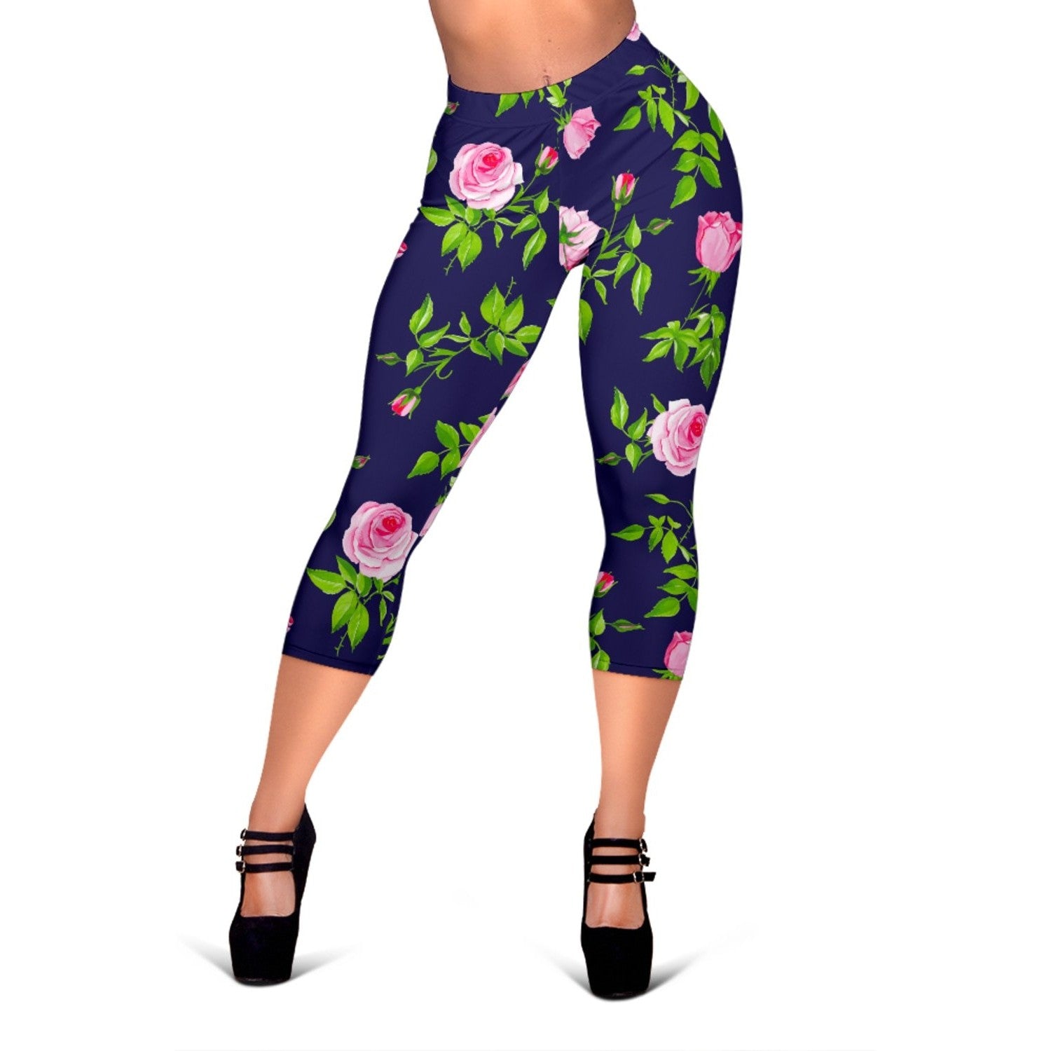 Pink Rose Floral Flower Pattern Print Women's Capri Leggings