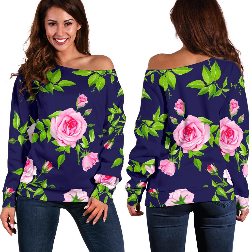 Pink Rose Floral Flower Pattern Print Women's Off-Shoulder Sweatshirt