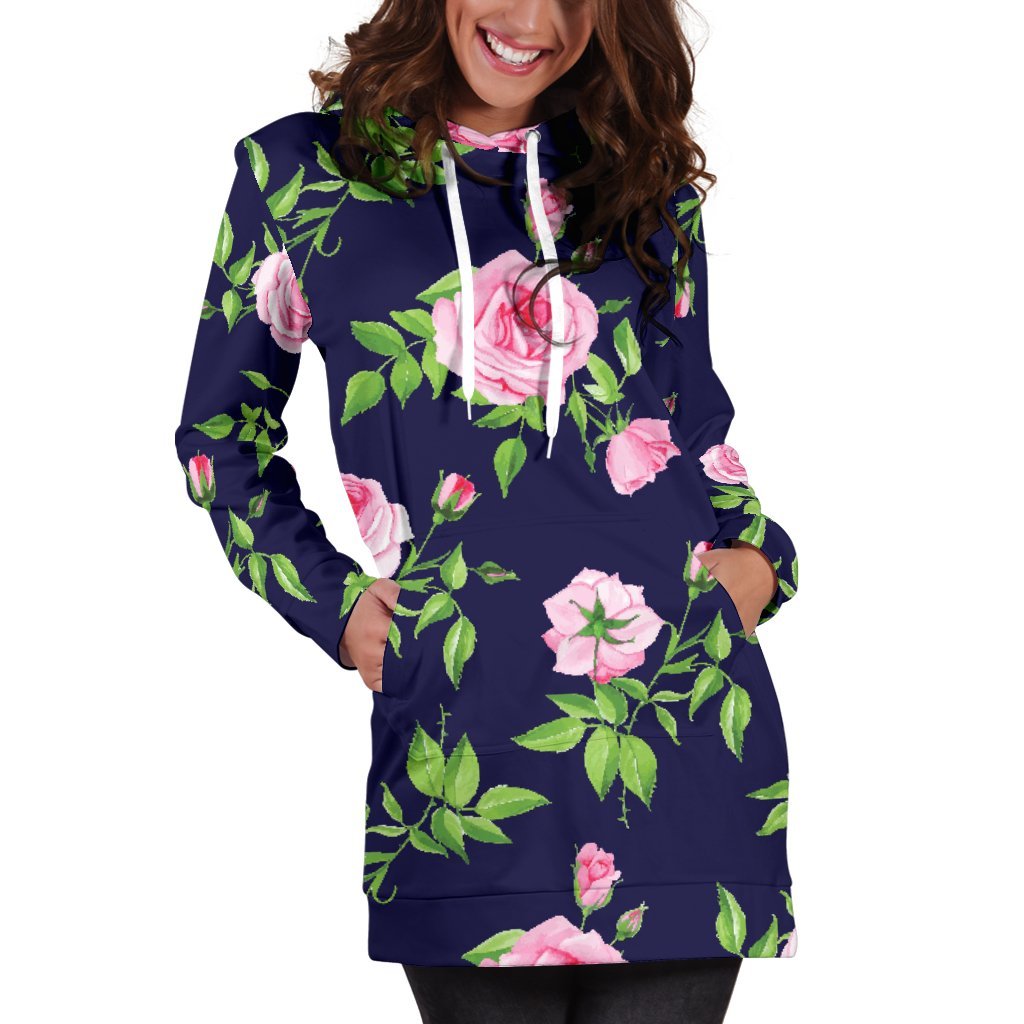 Pink Rose Floral Flower Pattern Print Women's Pullover Hoodie Dress