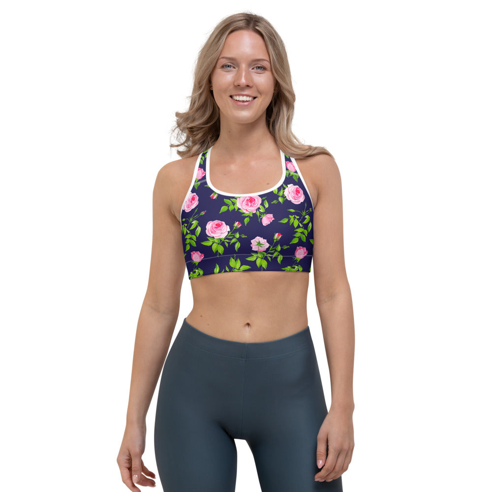 Pink Rose Floral Flower Pattern Print Women's Sports Bra