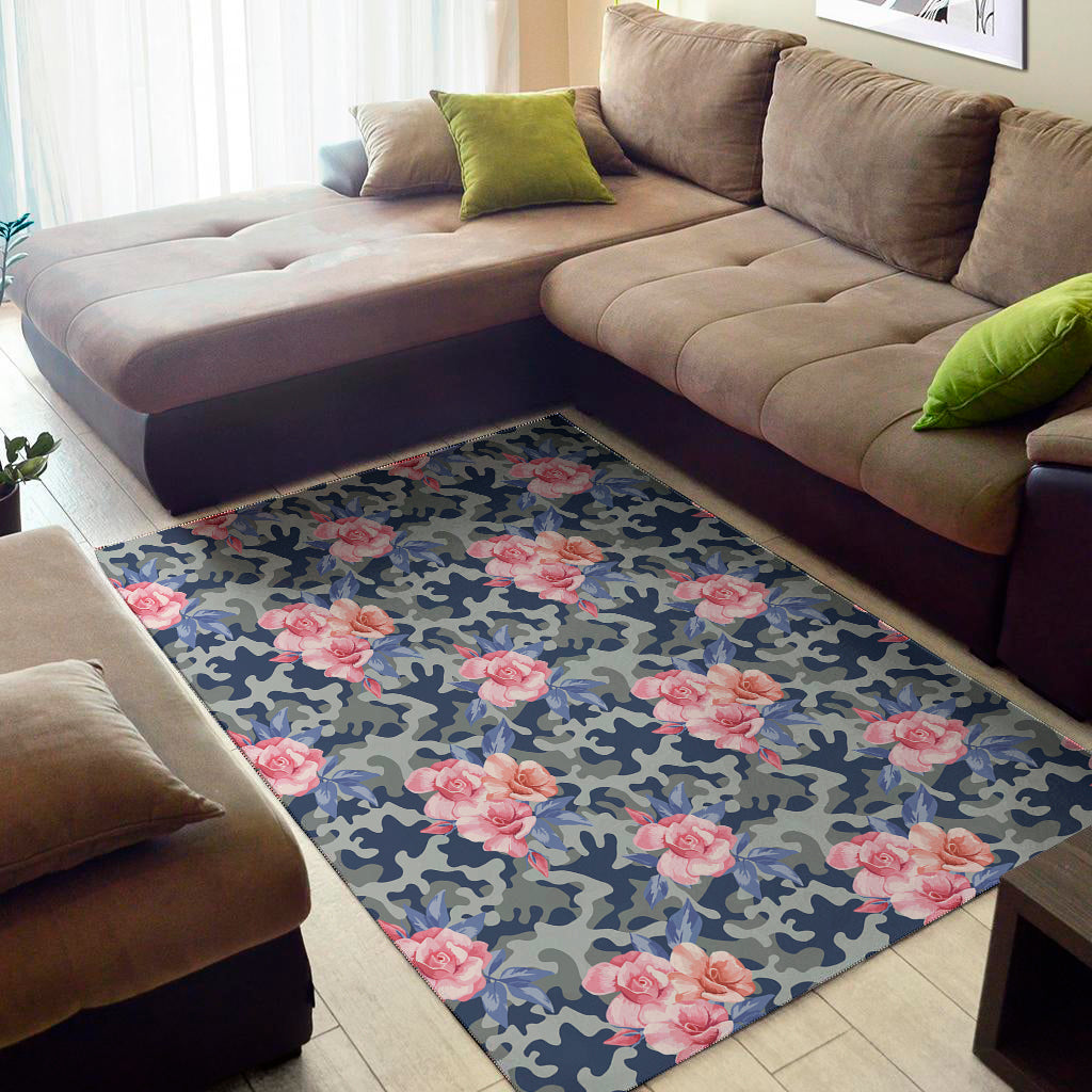 Pink Rose Flower Camouflage Print Area Rug